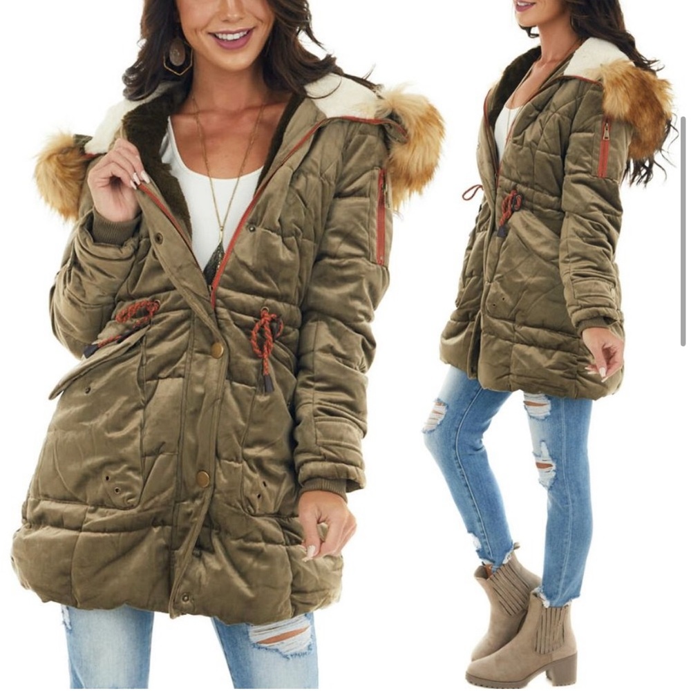 Large olive green warm winter coat fur hood